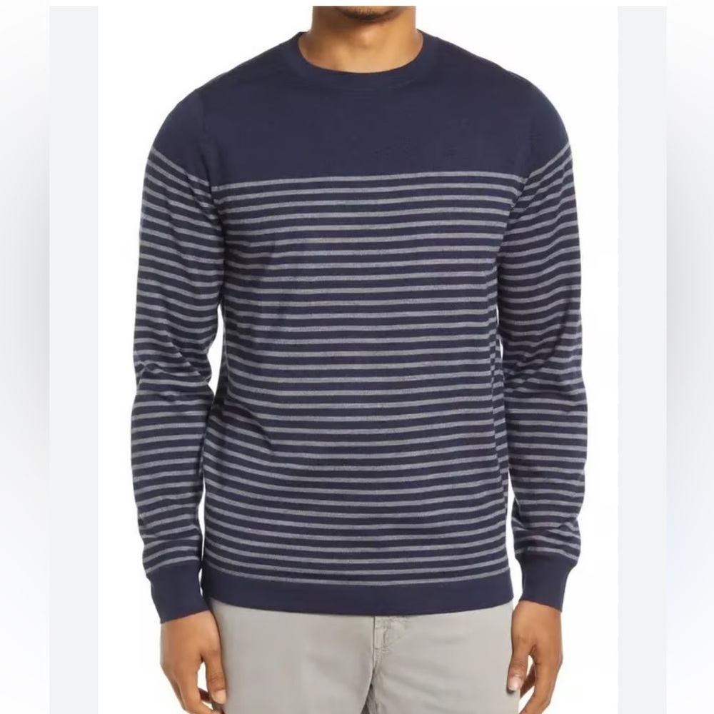 NORDSTROM Tech-Smart Crewneck‎ Sweater - Navy Blue Block Stripe Sz L